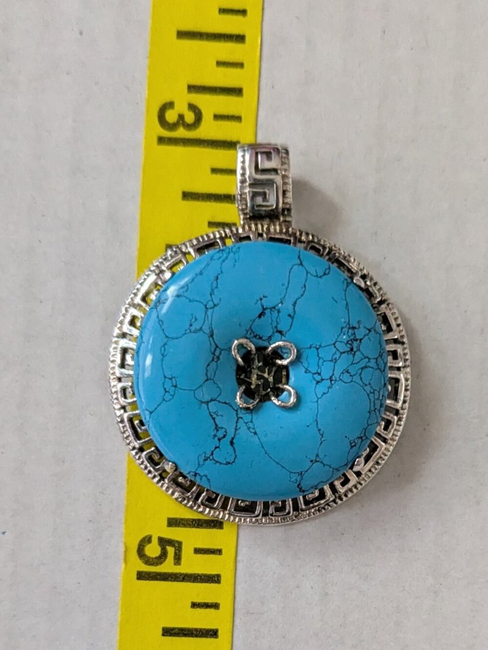 Sterling Silver Howlite Greek Key Round Pendant
